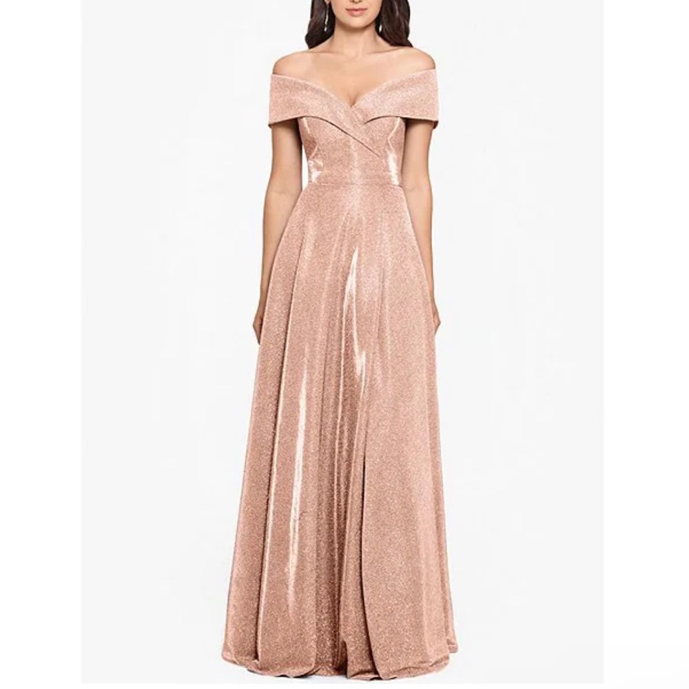 Xscape off the shoulder sweetheart neck thigh high slit pleated blush gown